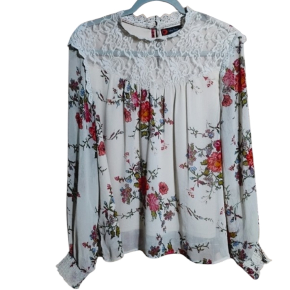 Indigo Poppy Floral Lace Crochet Yoke Blouse Cream Red Boho Romantic Sz XL